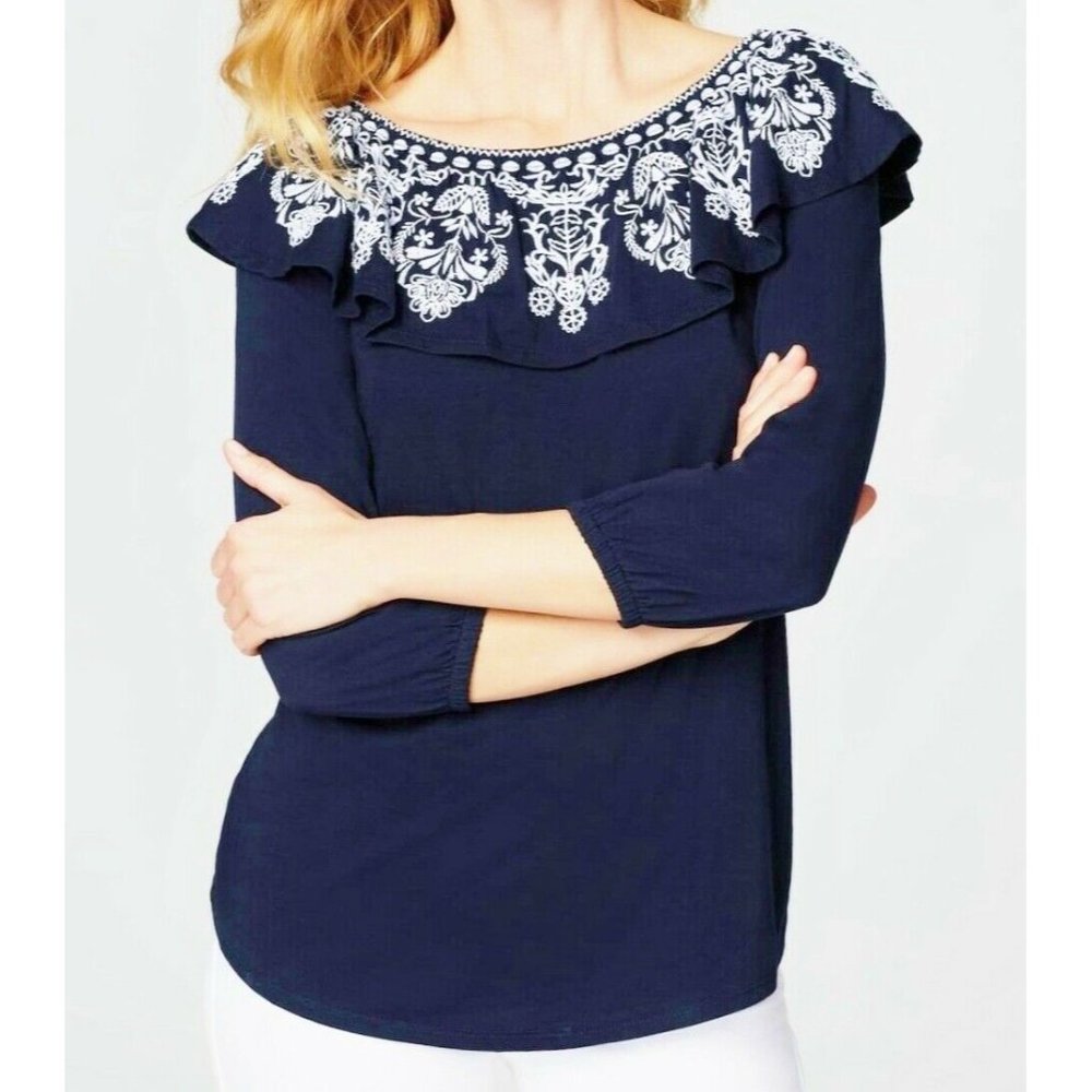 J Jill NEW Top XL Navy Blue White Embroidery Convertible Off-shoulder MayFit 1X